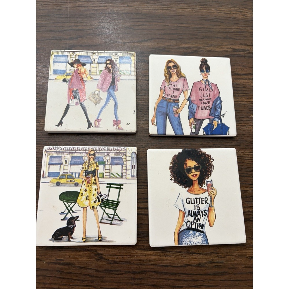 Rongrong DeVoe Fashion Girl Ceramic Coasters Set of 4 Feminist Glam NYC Chic